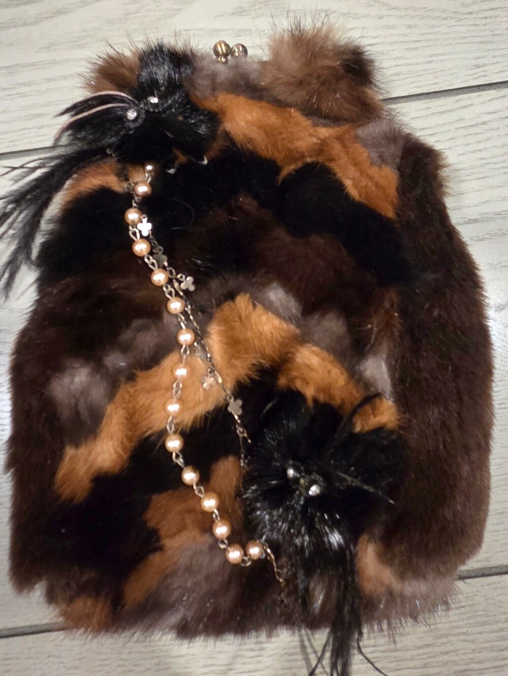Mary Frances Faux Fur Brown & Black Evening Clutch with Pearl Chain